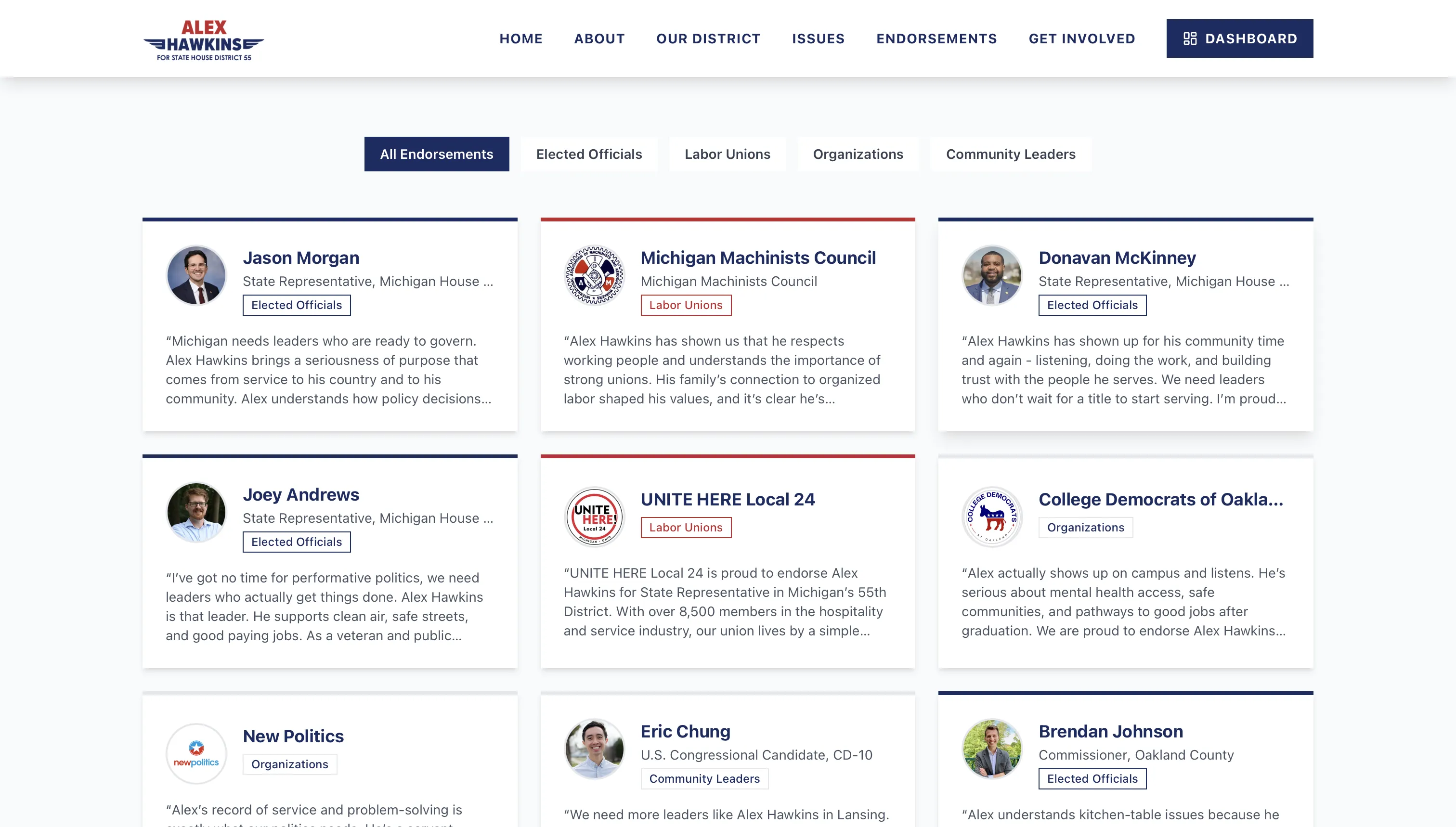 Alex Hawkins endorsements page with filterable card grid showing elected officials, labor unions, and organizations
