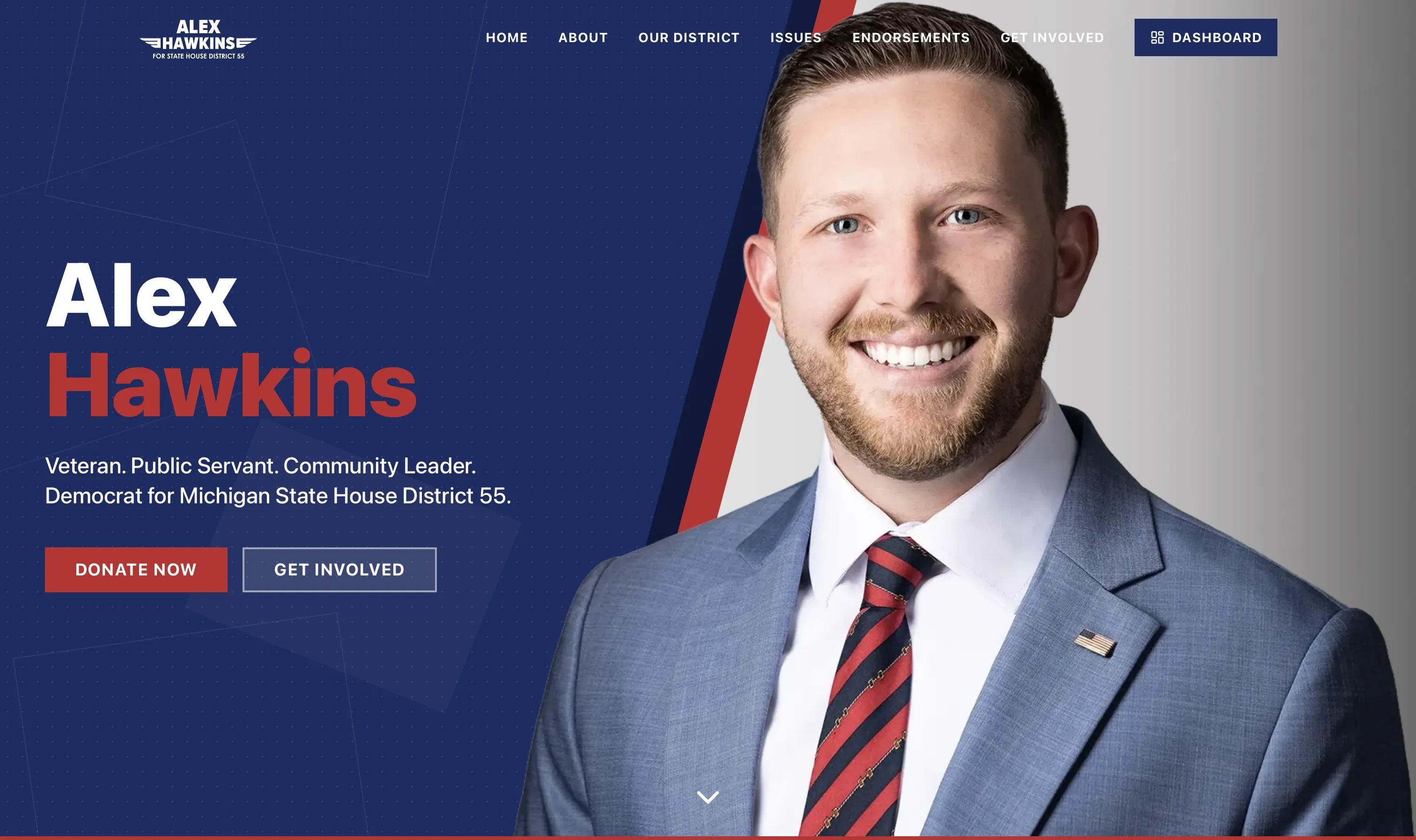 Alex Hawkins campaign homepage hero with professional portrait, bold blue design, and Donate Now CTA