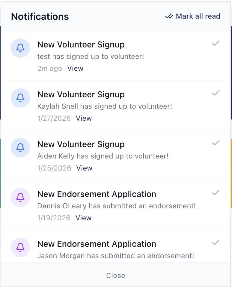Campaign notification panel showing real-time volunteer signup and endorsement application alerts