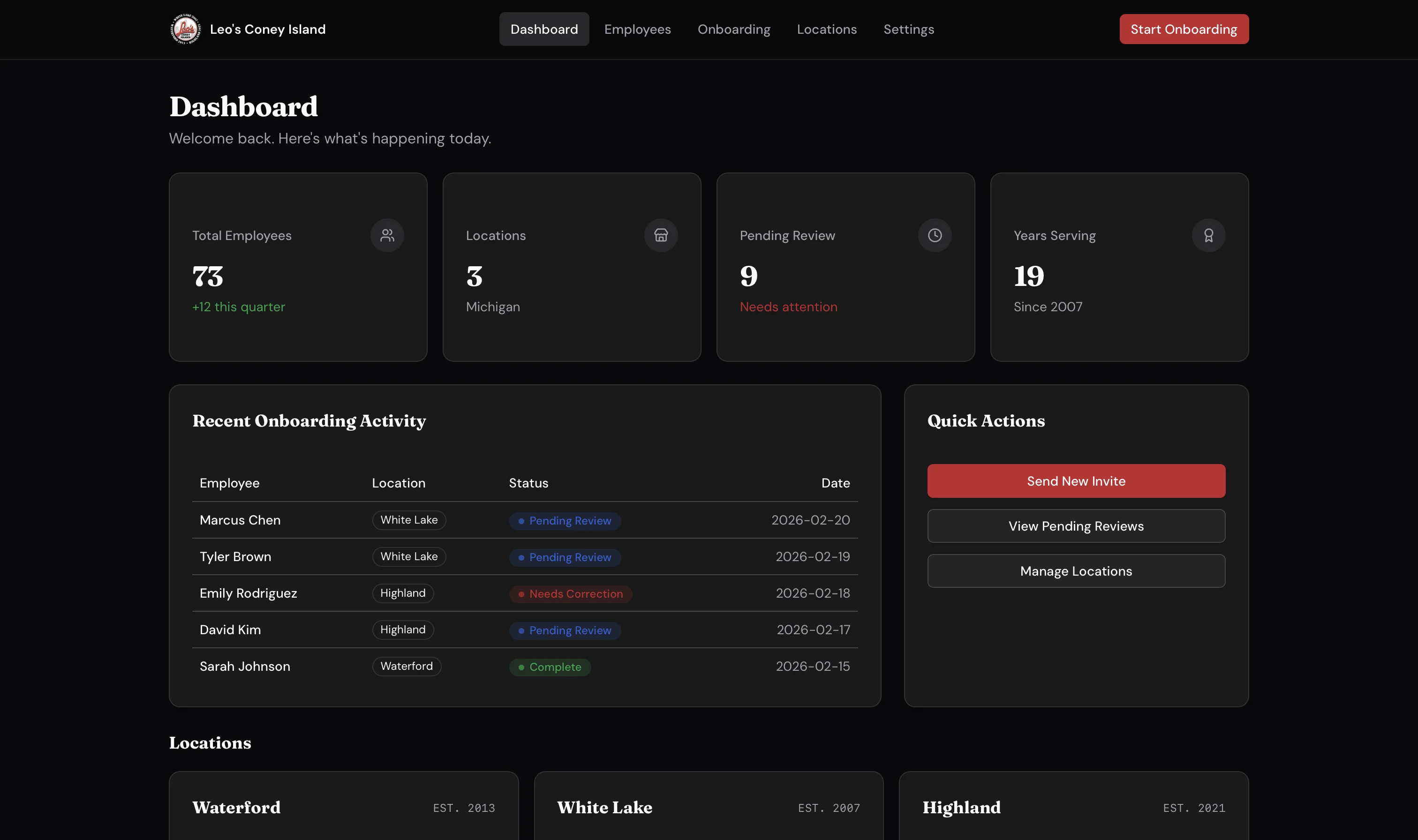 Leo's Coney Island admin dashboard with KPI cards, onboarding activity table, and quick actions
