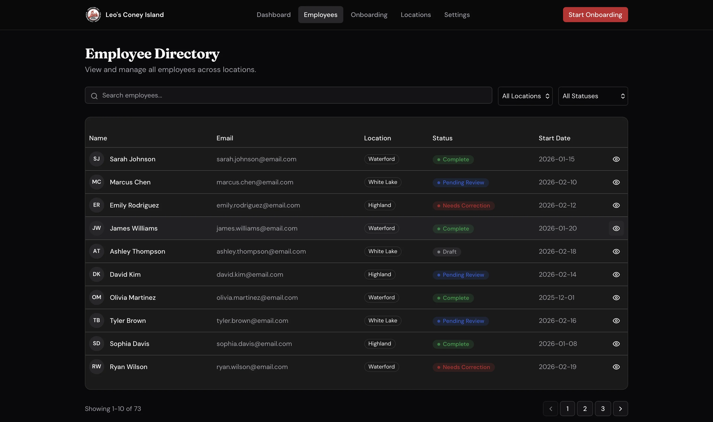 Employee directory with search, location and status filters, and color-coded onboarding status badges