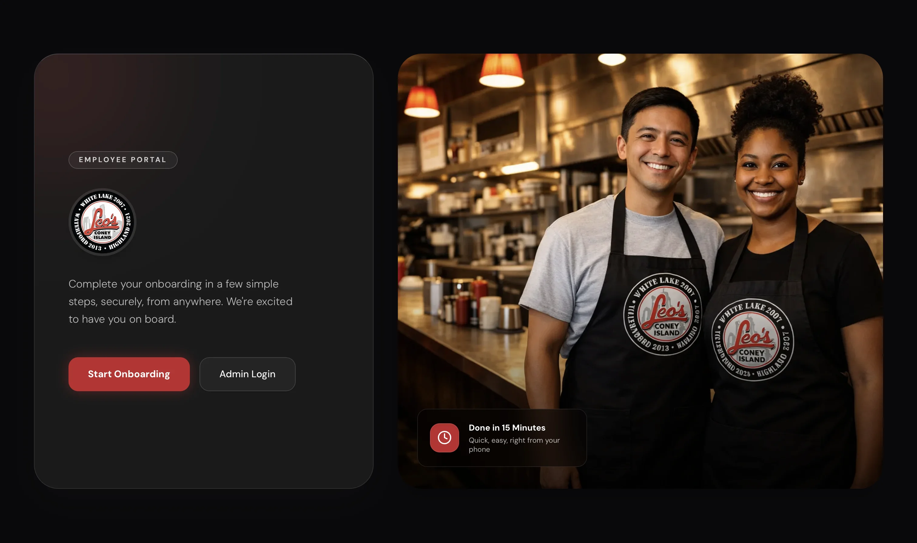 Leo's Coney Island employee portal landing page with Start Onboarding and Admin Login actions