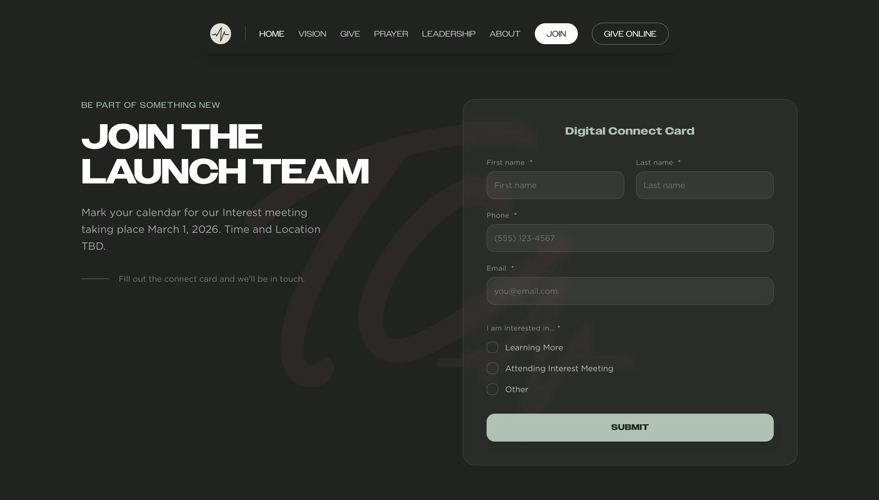 Digital Connect Card form for joining the Thrive Church launch team on dark charcoal background