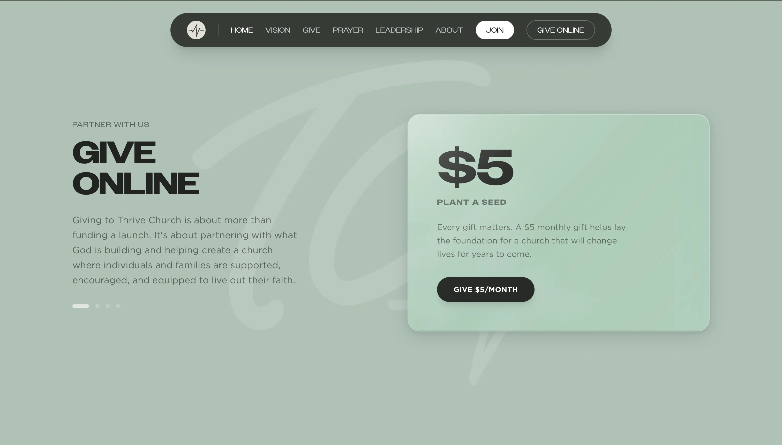 Thrive Church sticky scroll donation section with tiered giving cards in Spirit green